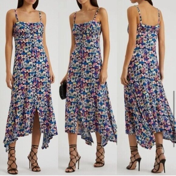 Paco Rabanne Dress 38 Blue Pink Button Down Stretch Floral Midi Length Designer - Picture 1 of 11